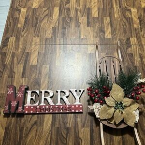 Merry Christmas Red Snowflake Sign & Christmas Brown Sleigh Decorations Bundle